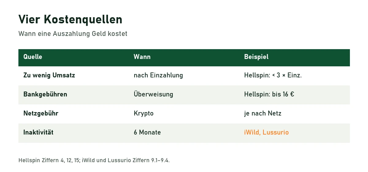 Tabelle der vier Kostenquellen bei Auszahlungen: zu wenig Umsatz, Bankgebühren, Netzgebühr, Inaktivität