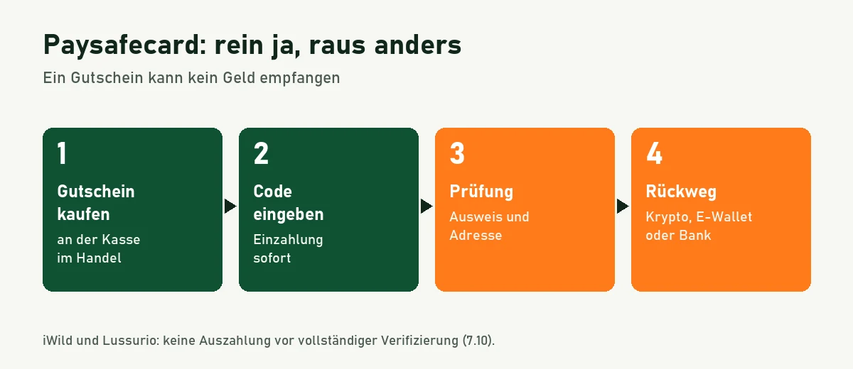 Ablaufgrafik: Paysafecard kaufen, Code einzahlen, Verifizierung, Auszahlung über einen anderen Weg