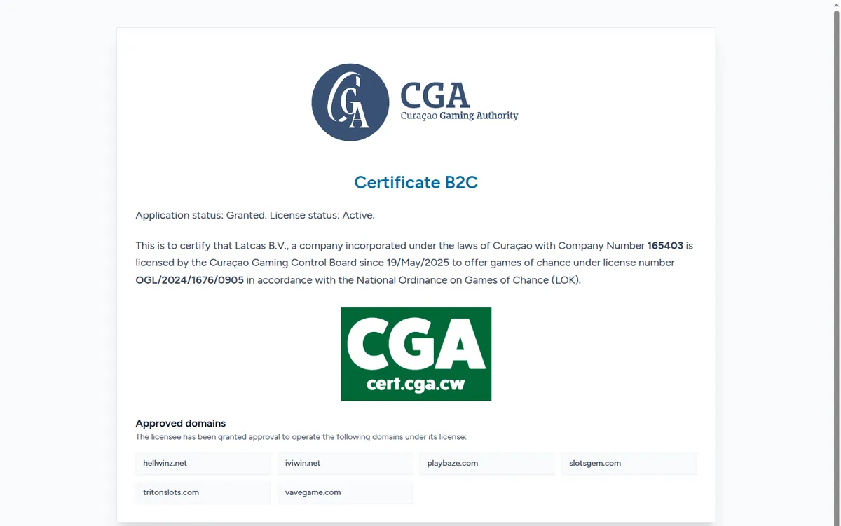 Lizenzzertifikat von Latcas B.V. im Register von Curaçao mit slotsgem.com und vavegame.com