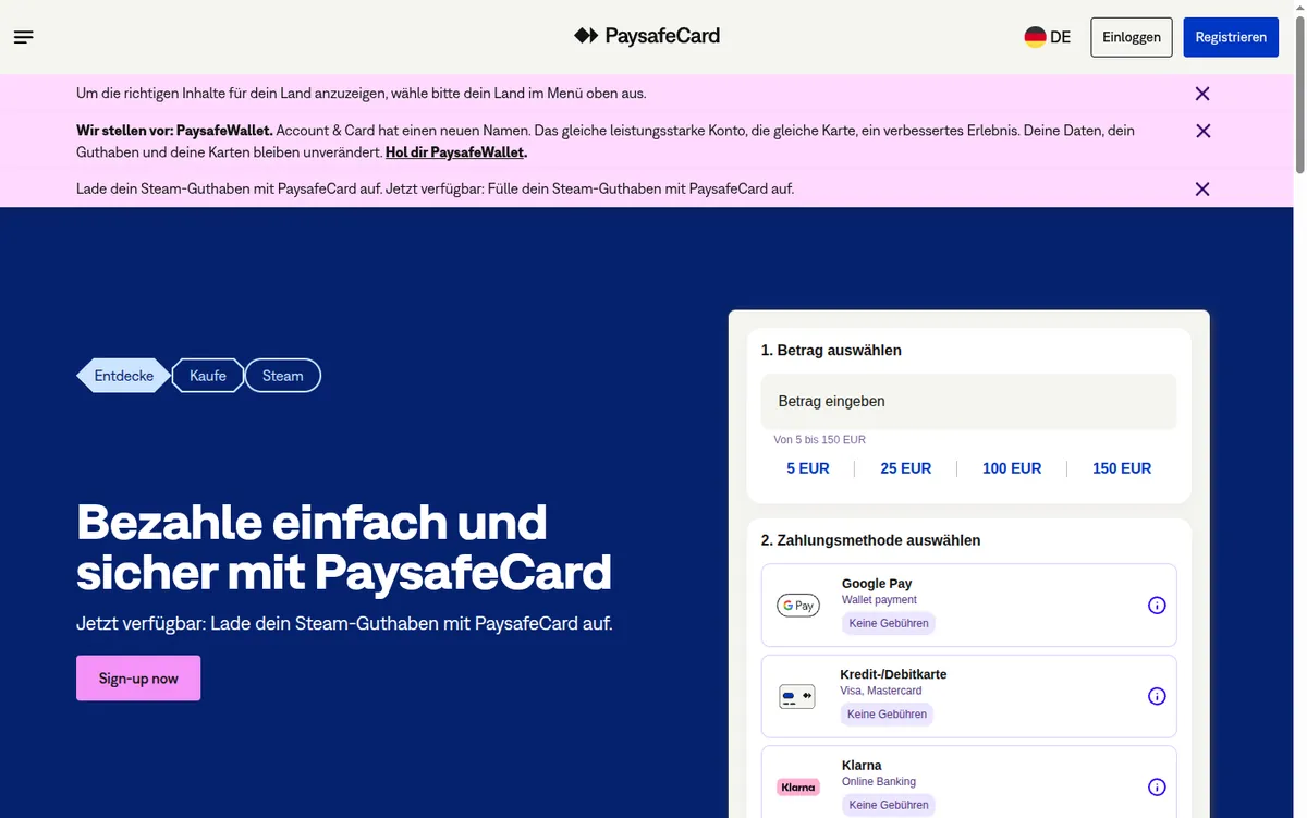 Startseite von paysafecard Deutschland